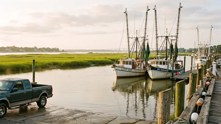 Shrimp boats moored in Shem Creek shortly after sunrise