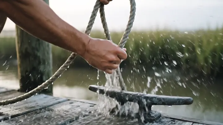 Hands lifting a wet rope off a dock cleat