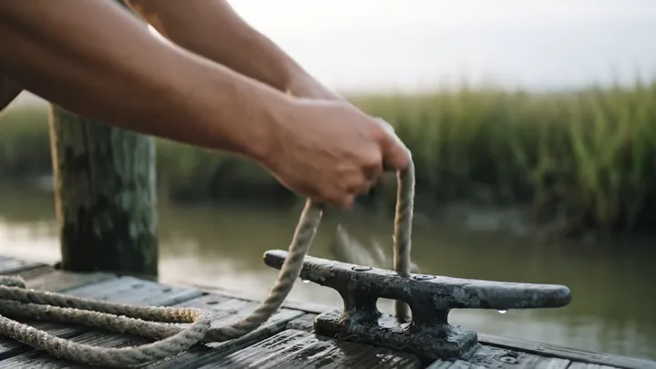 Hands lifting a wet rope off a dock cleat