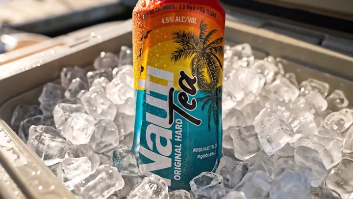 A can of NautiTea in a cooler of crushed ice