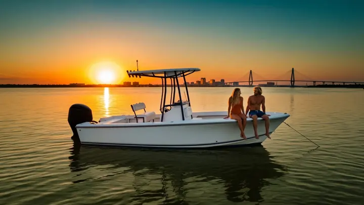 The couple on the bow of an anchored boat at sunset with the Ravenel Bridge behind